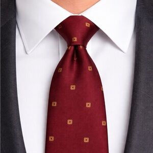 Salvatore Ferragamo 100% Silk Burgundy Tie with Gold Geometric Pattern